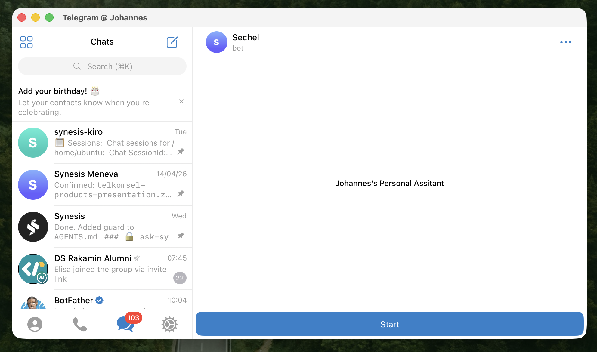 Bot chat with Start button