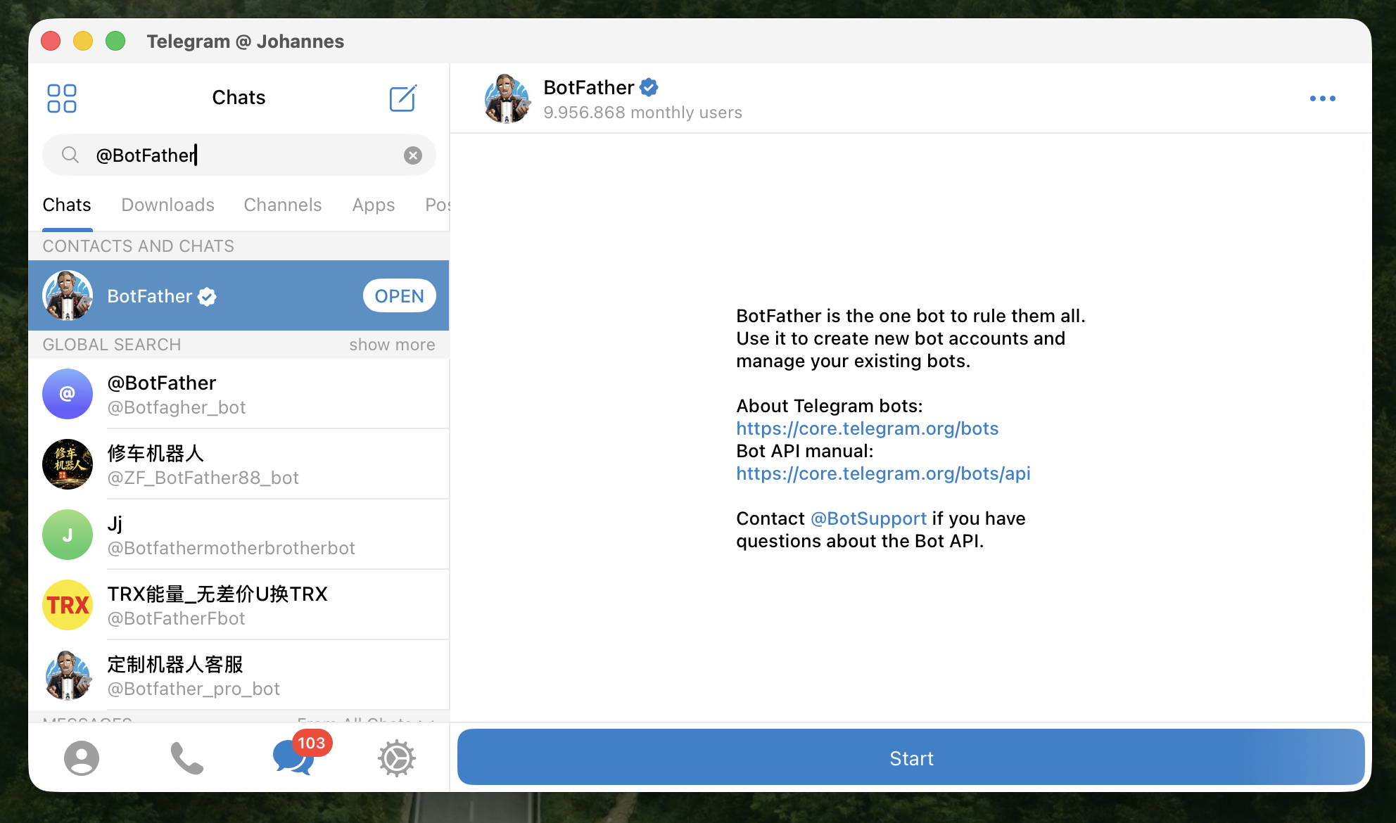 BotFather welcome screen