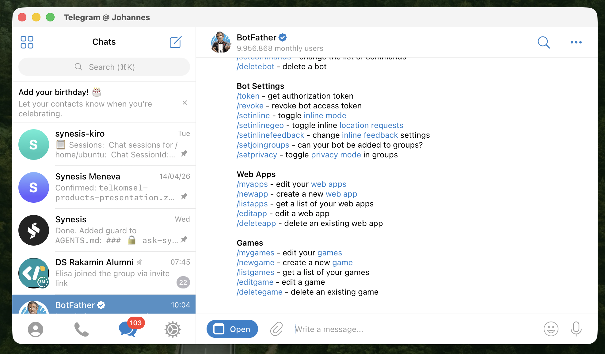 BotFather command menu