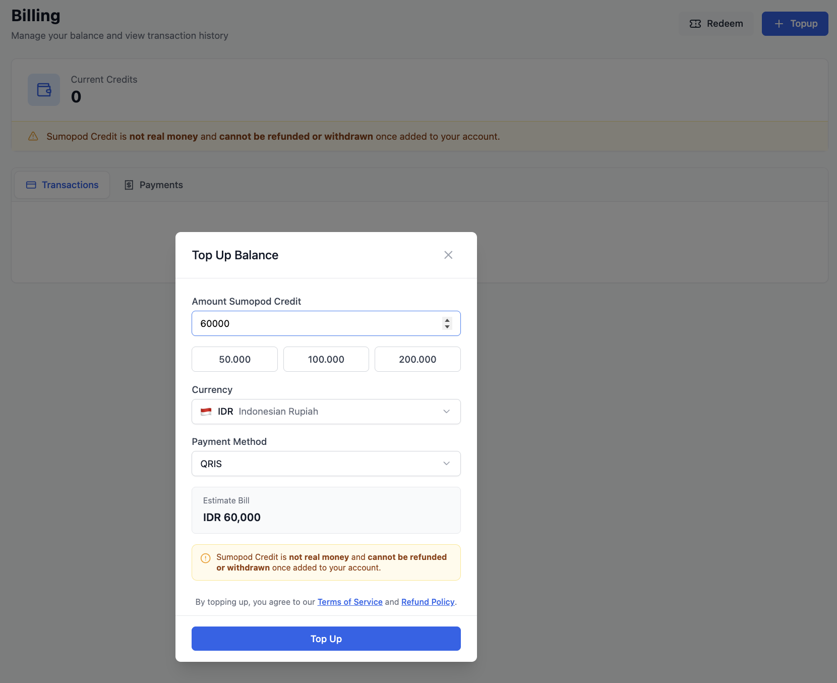 Top Up Balance modal