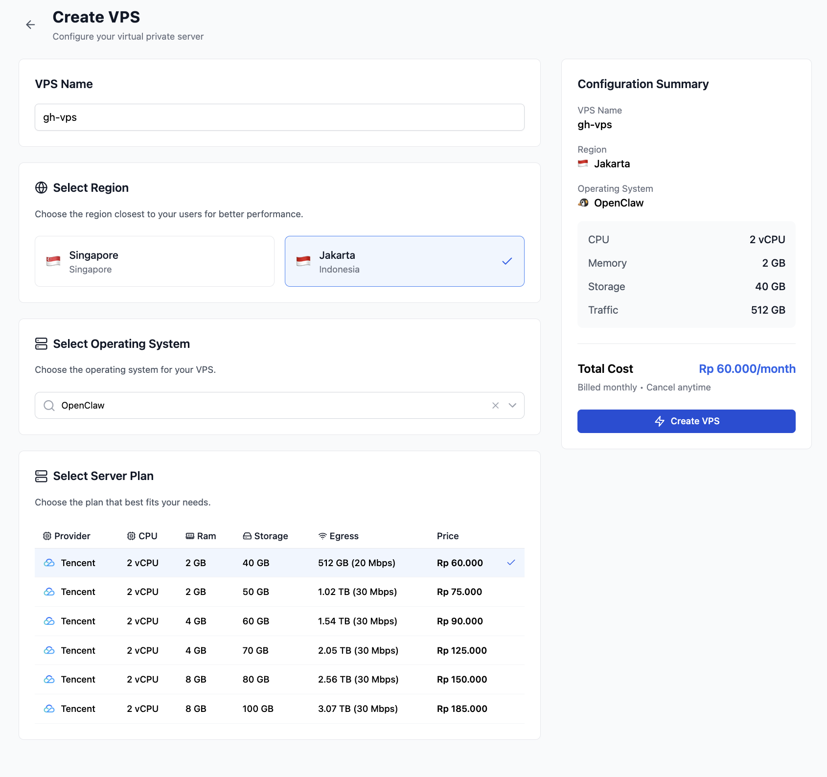 Create VPS form (filled)